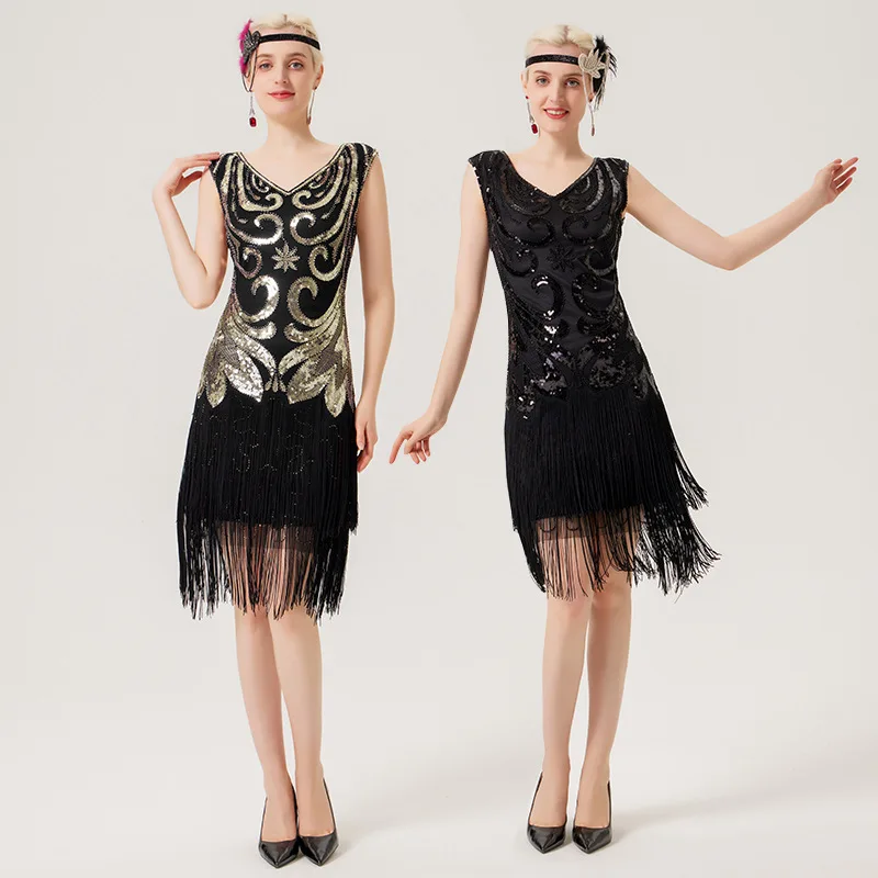 

1920s Vintage Sequin Dress V-Neck Fringe Bottom Dress Plus SizeGreat Gatsby Wedding Cocktail Party Banquet Short Dress Female