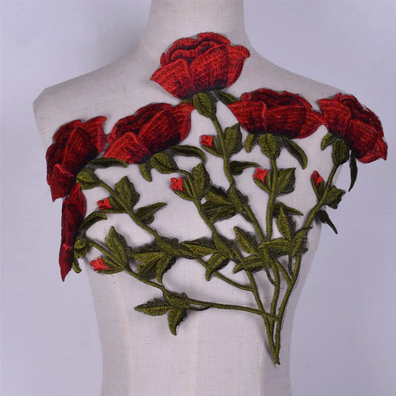 Red Rose Flower Embroidered Lace Fabric sewing DIY Applique Cord Dress Guipure Decor NL428