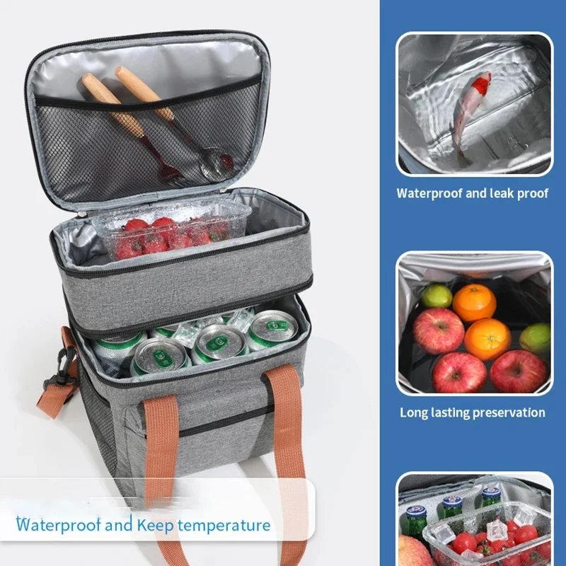 Thermal Insulation Double Layer Picnic Bag Portable Crossbody Lunch Pack With Multi-Pocket Storage Food Tote For Camping Pouch