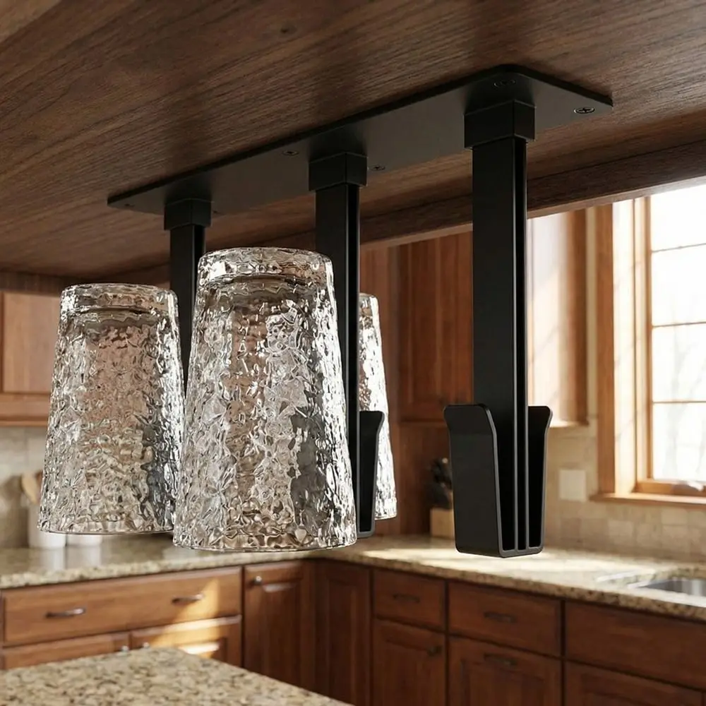 

6 Hooks Under Cabinet Cup Rack Punch Free Wall Mounted Hanging Glass Holder Draining Plastic Upside Down Cup Rack for Kitchen