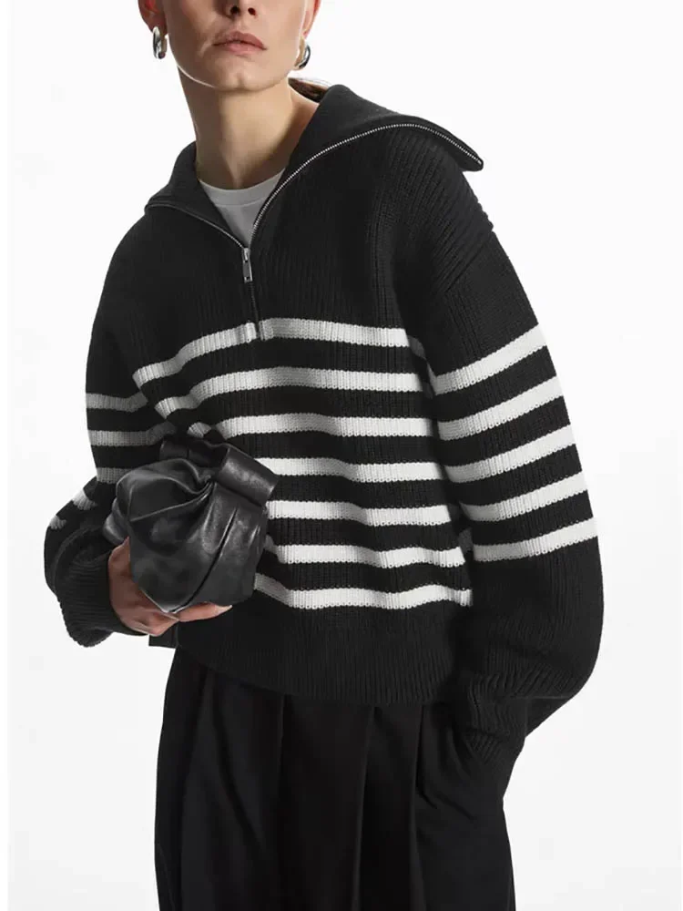 

Women's Striped Sweater Zip Thick Fall Loose Turtleneck Knit Jumper Turn-down Collar Casual Oversize Fashion Women Sweaters 2024