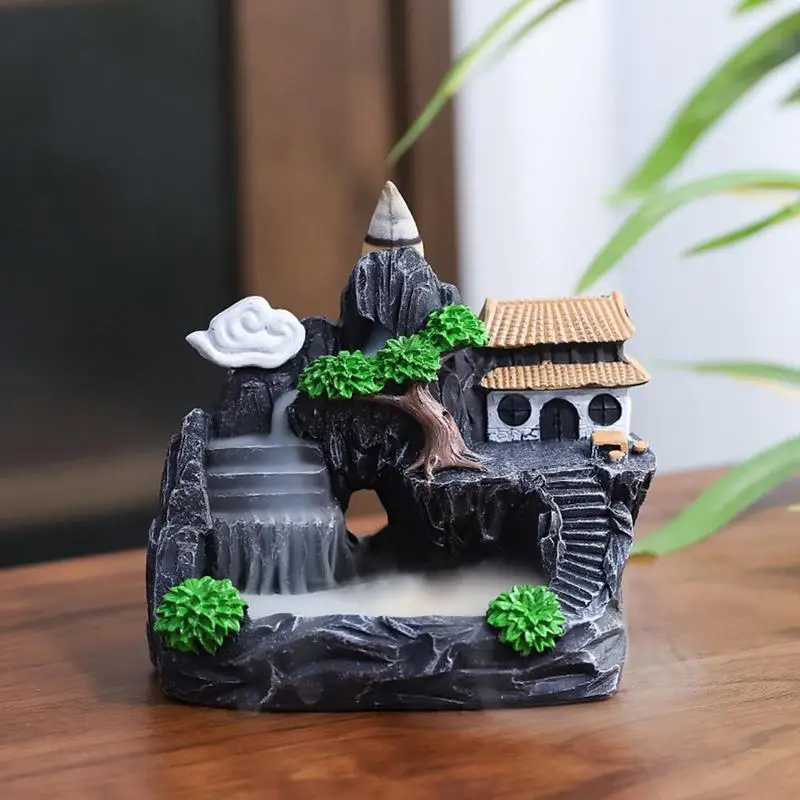 Resin Backflow Incense Burner Mountain River Waterfall Incense Cone Burner Aromatherapy Ornament Home Teahouse Zen Yoga Decor