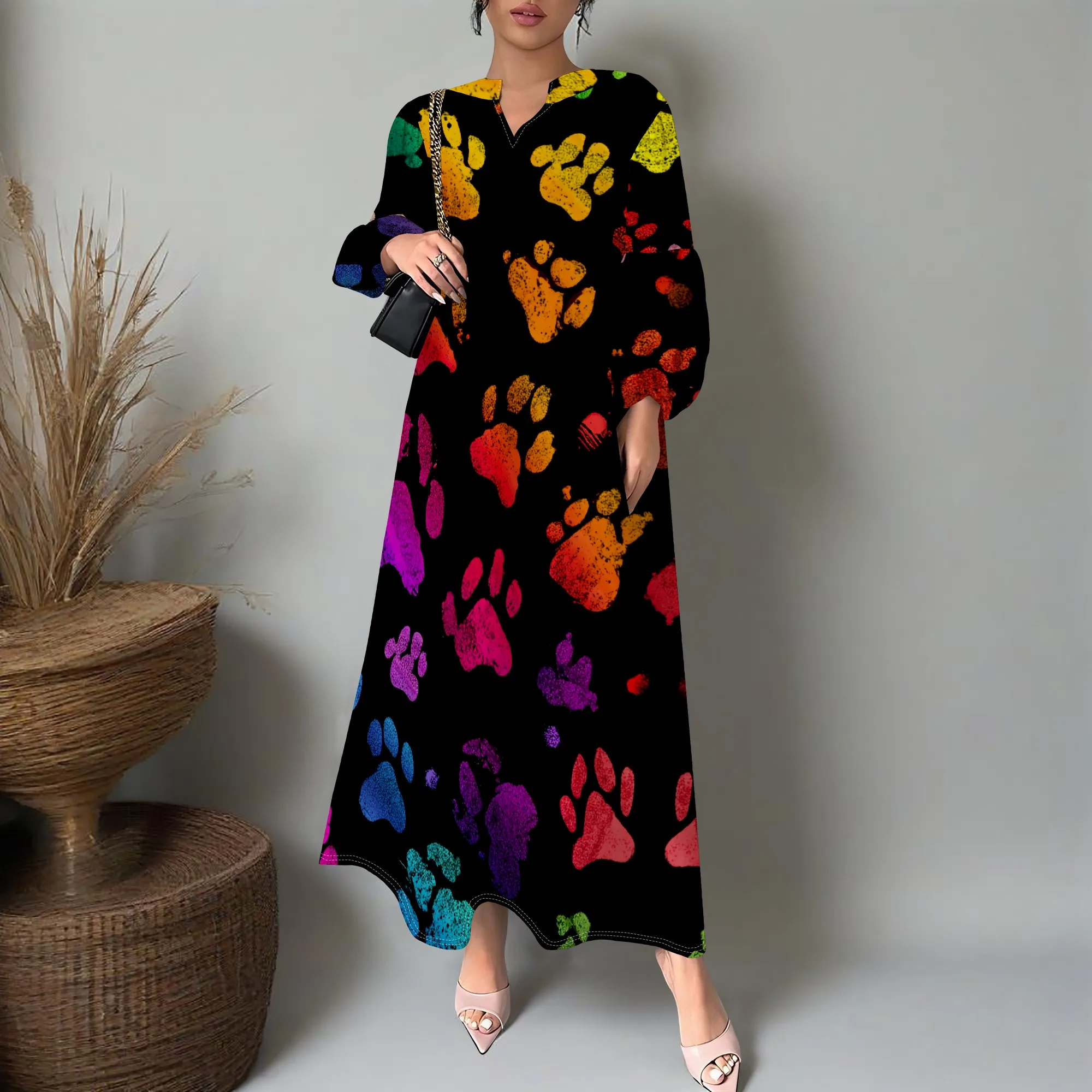 

Rainbow Paw Print Maxi Dress XS‑3XL Long Sleeve Loose Fit Shirt Style for Pride Parade, Pet Lover Event or Art Festival Look