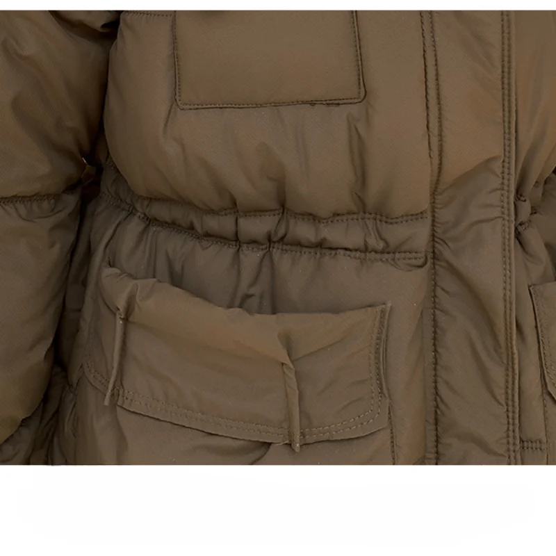 Jaqueta feminina justa plissada de inverno, Parkas com capuz, zíper, gola alta, algemas de botão, bolso grande, casaco coreano elegante, roupa branca curta