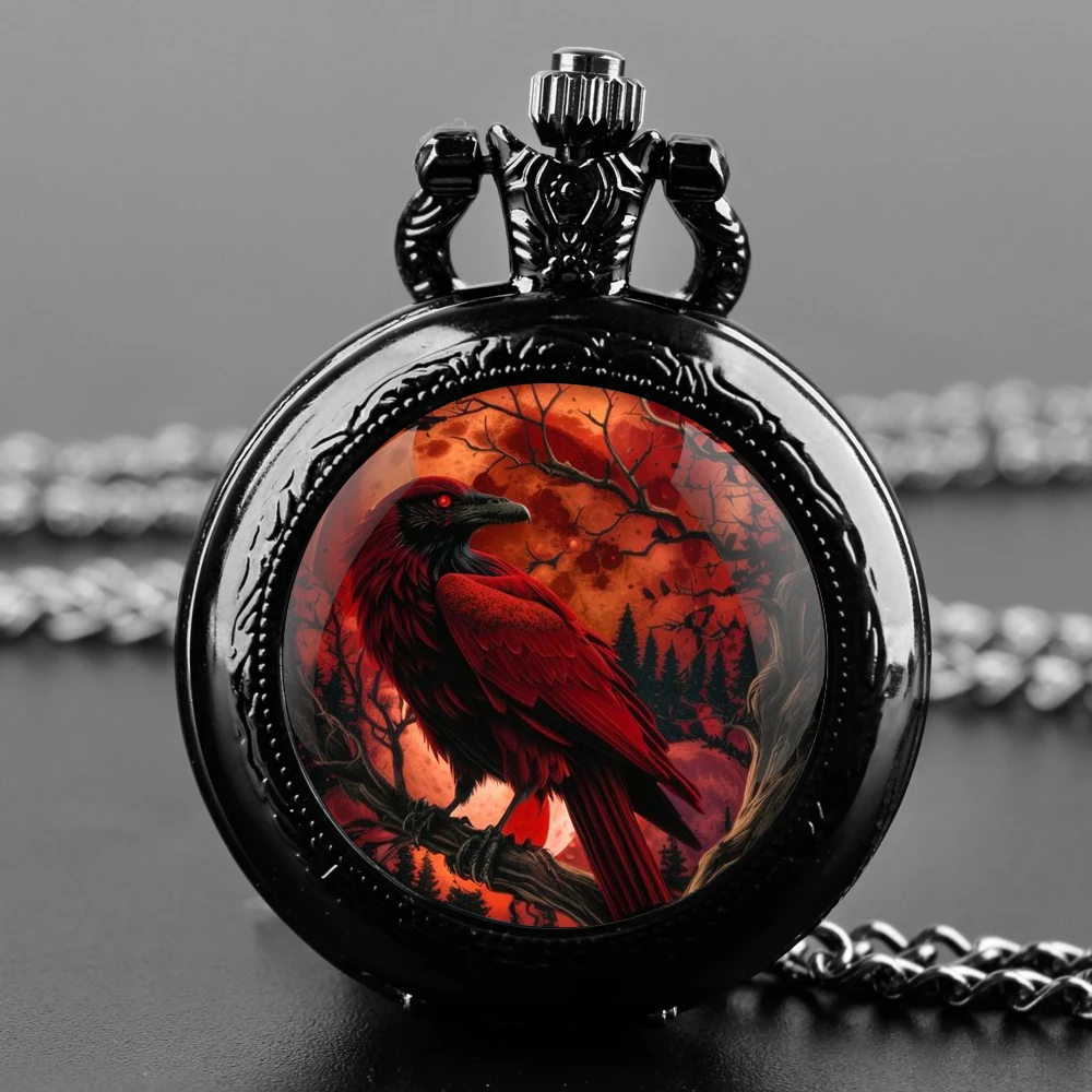 

Halloween Cosplay Red Crow Glass Dome Quartz Pocket Watch With Durable Chain Arabic Numeral Dial Creative Gifts for Men Women