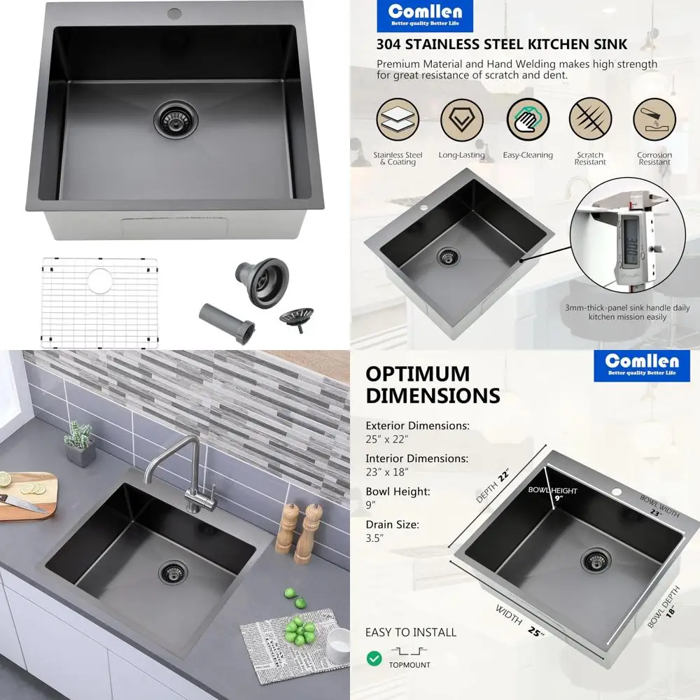 

Stainless Steel Drop-In Kitchen Sink, 25x22 Inch, 9 Deep, Black Finish, Utility RV Sink, Topmount Design