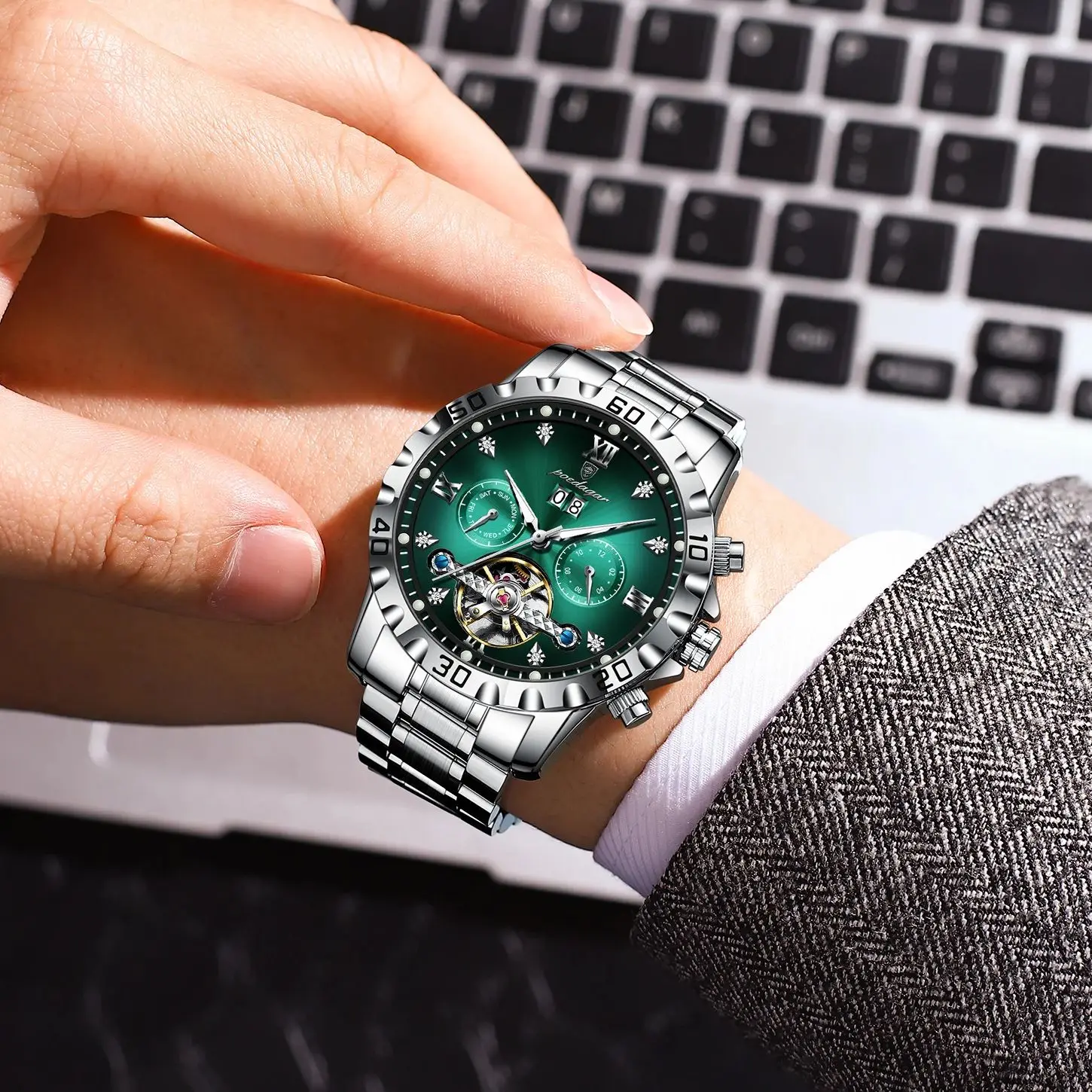 POEDAGAR Fashion Luxury Men Watch Automatic Date Week Man Wristwatch Hollow Tourbillon Mechanical Stainless Steel Men's Watches - view 6