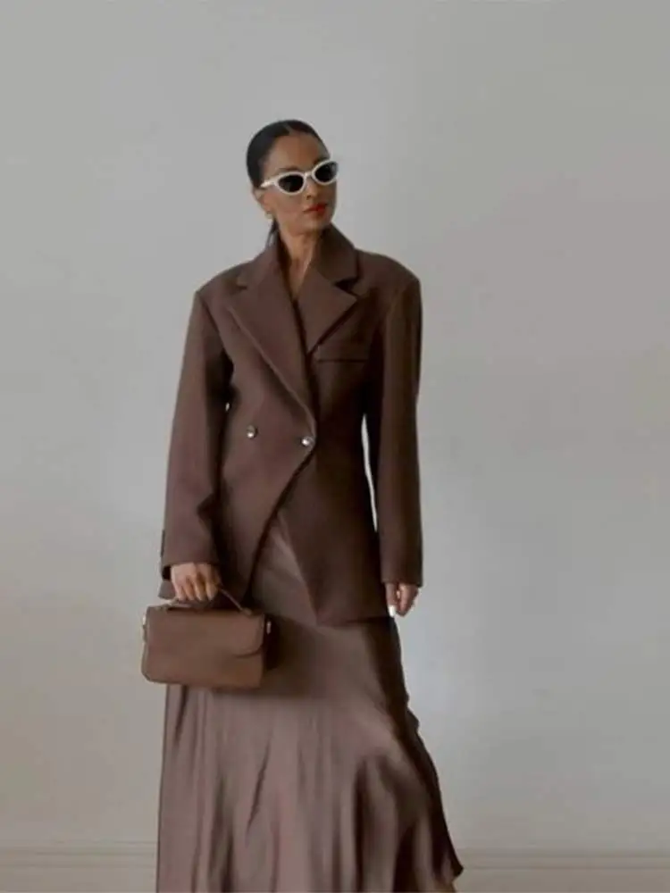 Casual Brown Lapel With Pocket Jacket Woman Fashion Cuff Buttons Long Sleeve Blazer Coat 2024 Lady Autumn High Street Outwear