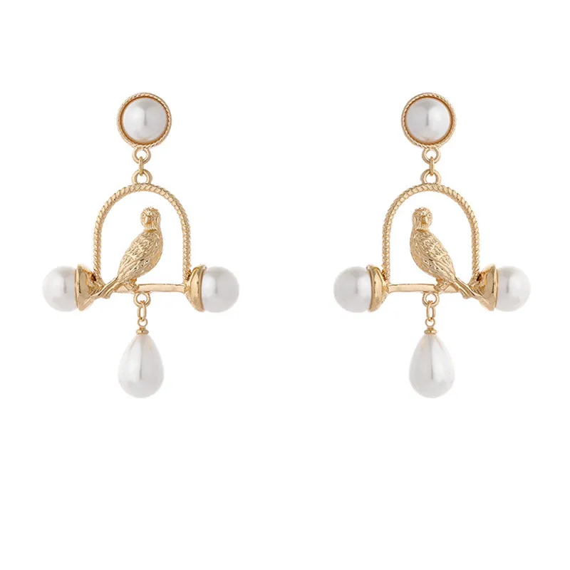 French court exaggerated water drop bird cage Pearl earrings delicate bird earrings 925 Silver needle Stud earrings