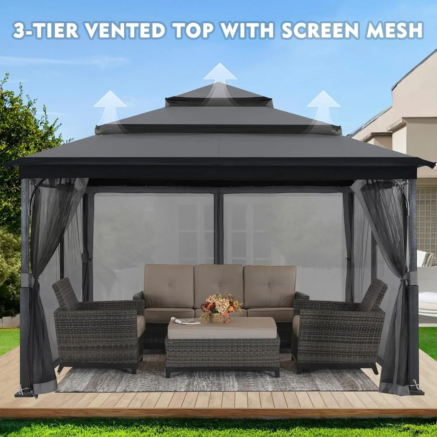 12x12FT Outdoor Gazebo for Patios with 3-Tier Roof Canopy Gazebo with Mosquito Netting,Dark Gray