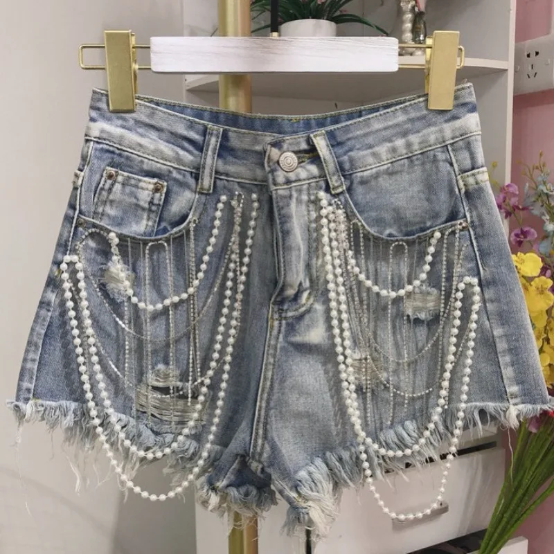 

Denim Beading Shorts Summer New European Station Heavy Industry Jeans Women Tassel Pearl Pendant Raw Edge A-line Wide-leg Pants