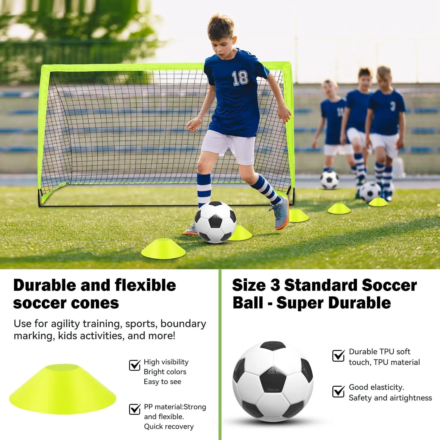 Perlengkapan sepak bola portabel untuk anak-anak TK, meliputi gawang dan tangga.