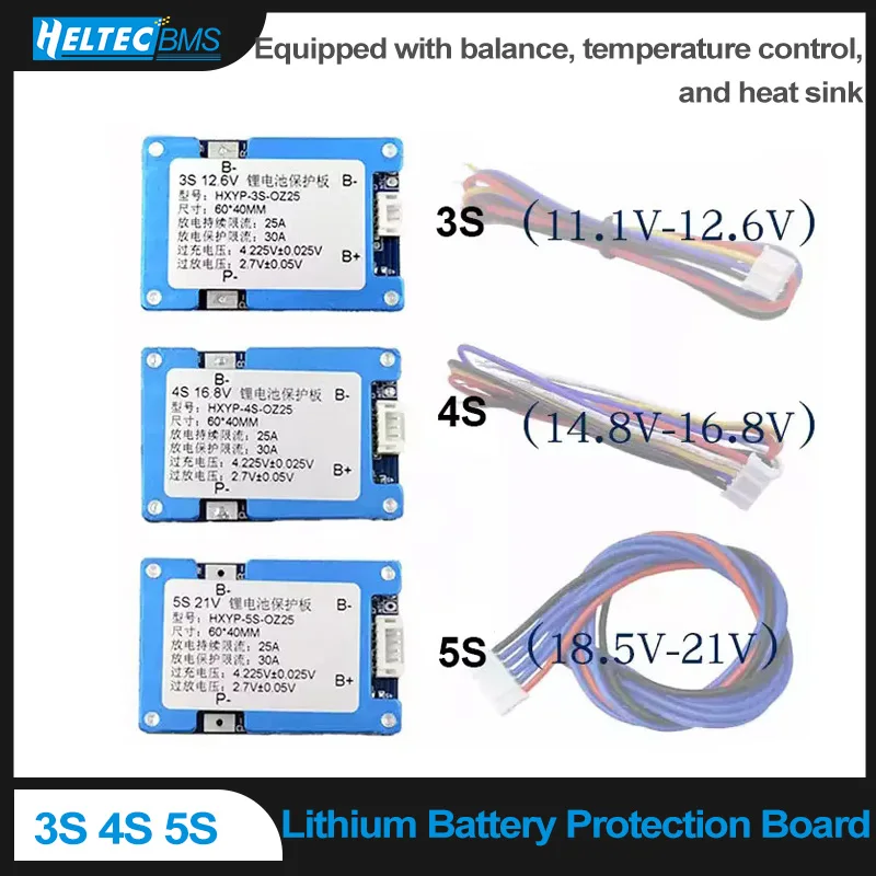 3S 4S 5S 25A BMS 18650 Lithium Battery Protection Board Module with Balanced 12.6V 16.8V 21V  Heatsink