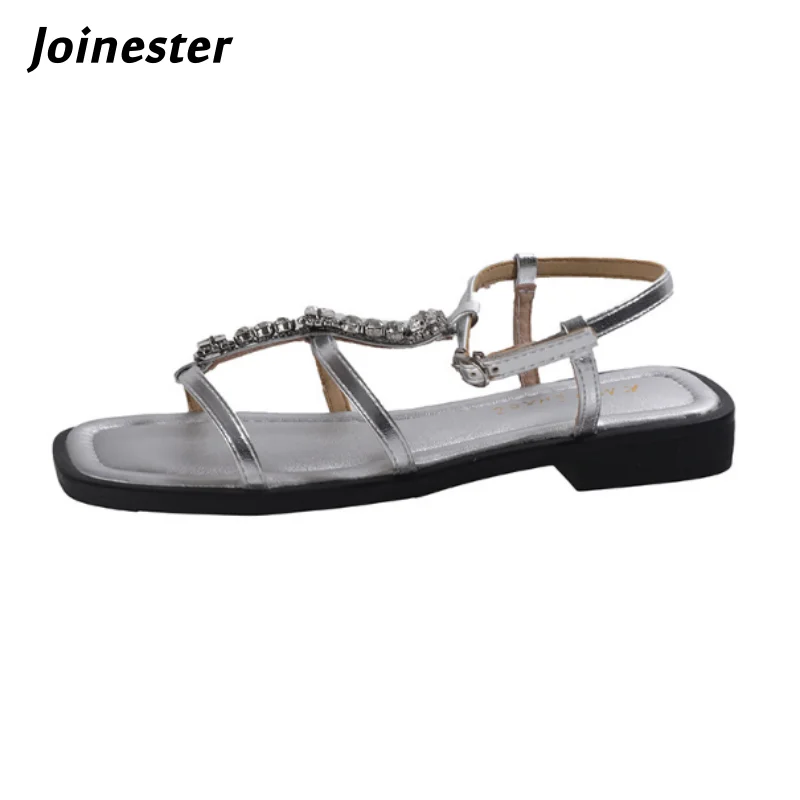 

Rome Style Ankle Buckle Strap Fashion Sandal for Women Summer Gladiator with Artificial Rhinestone Open Toe Flat Heeled Footwear