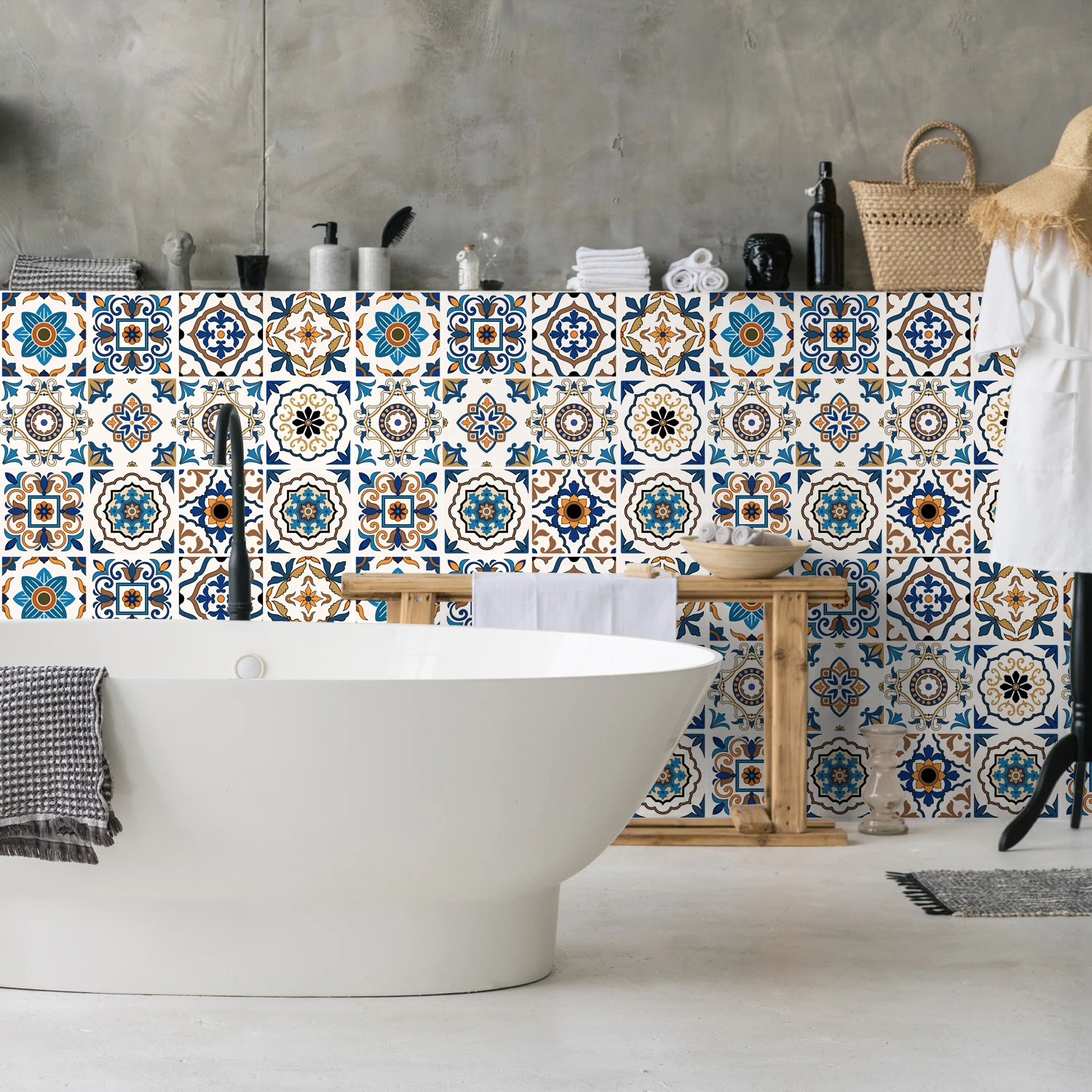 24Pcs Retro Tile Wall Stickers Set - Morandi Gray Brown Floral Geometric Decals for Kitchen Bathroom Living Room Home Decor