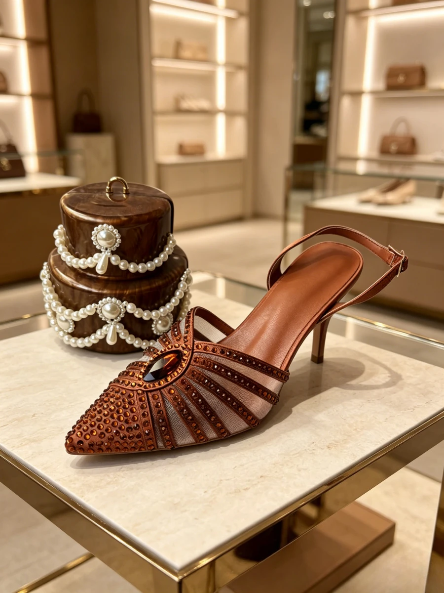 Caramel Mesh Rhinestone Slingback Heels & Vintage Pearl Cylinder Clutch Bag Set Women Runway Party Evening Fashion Dress Shoes