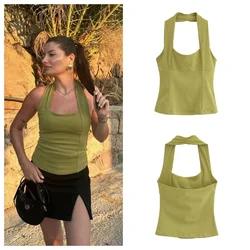 Fashionable and versatile solid color halter neck camisole vest for women new style temperament slim fit top