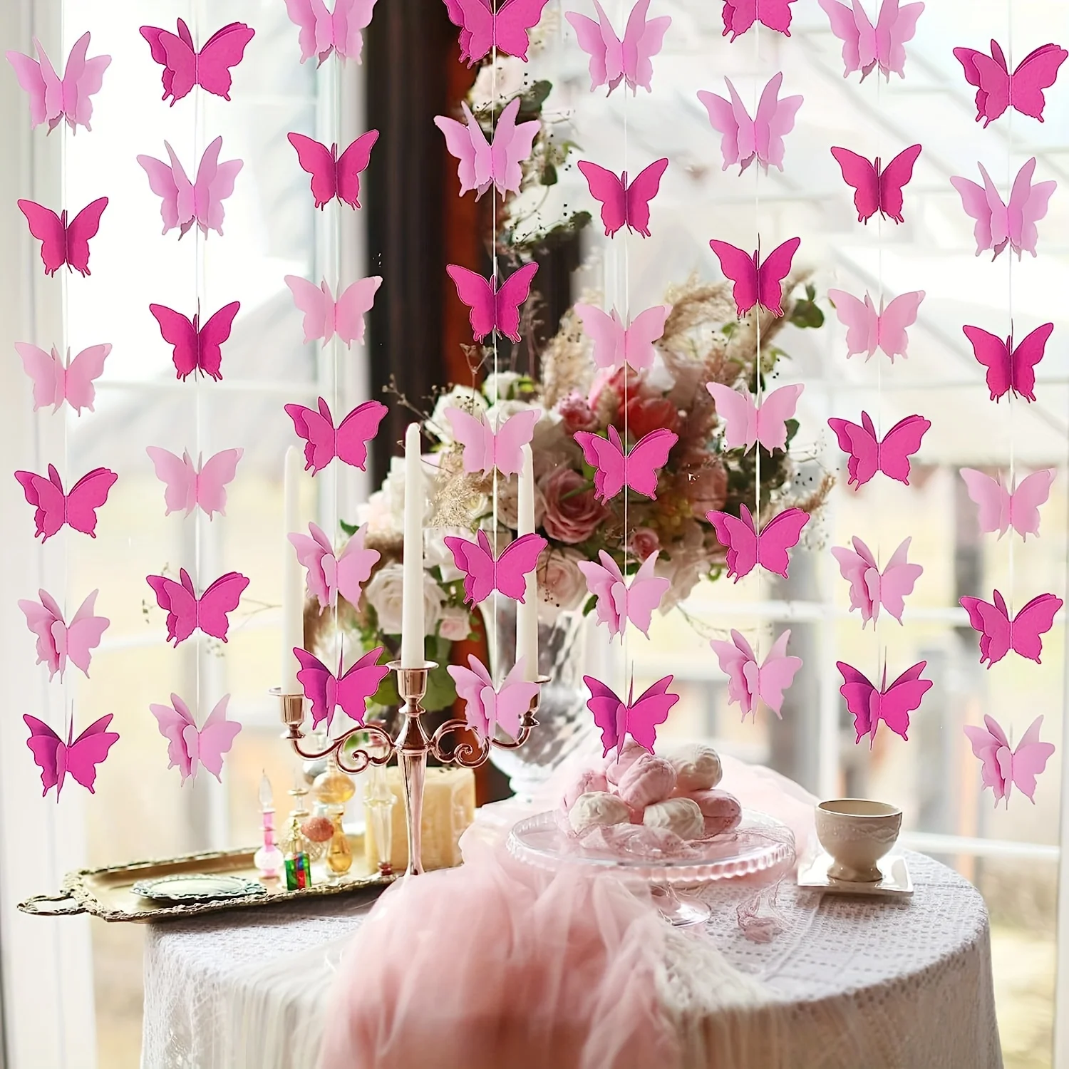 3D Butterfly Paper Garland Banner - Colorful Hanging Decorations for Wedding, Birthday, Ceiling, Outdoor Garden Party - Red