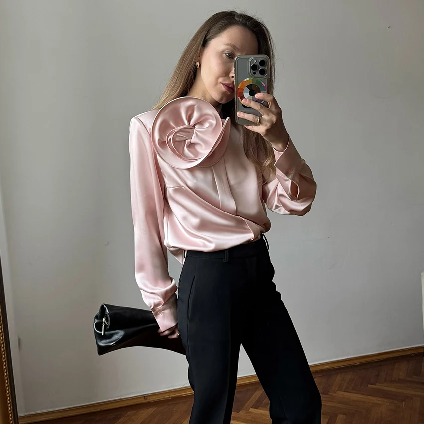 

Linad Elegant Pink Three-Dimensional Flower Belt Blouse Solid Color Half High Collar Fitted Tops Summer Woven Long Sleeve Shirts