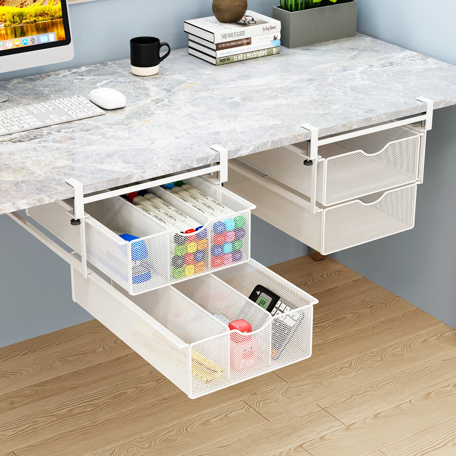 Office Desk Invisible Drawer-Type Storage Box, Under-Desk Hanging, No-Drill Office Stationery Organizer, Double-Layer Pull-Out Drawer Tray
