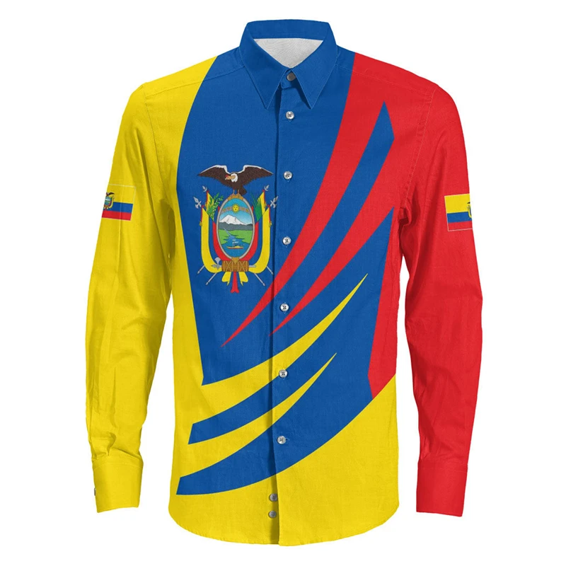 

Ecuador Flag Map 3D Print Long Sleeve Shirts For Men Clothes Casual Male Lapel Blouse Ecuadorian National Emblem Button Blouses