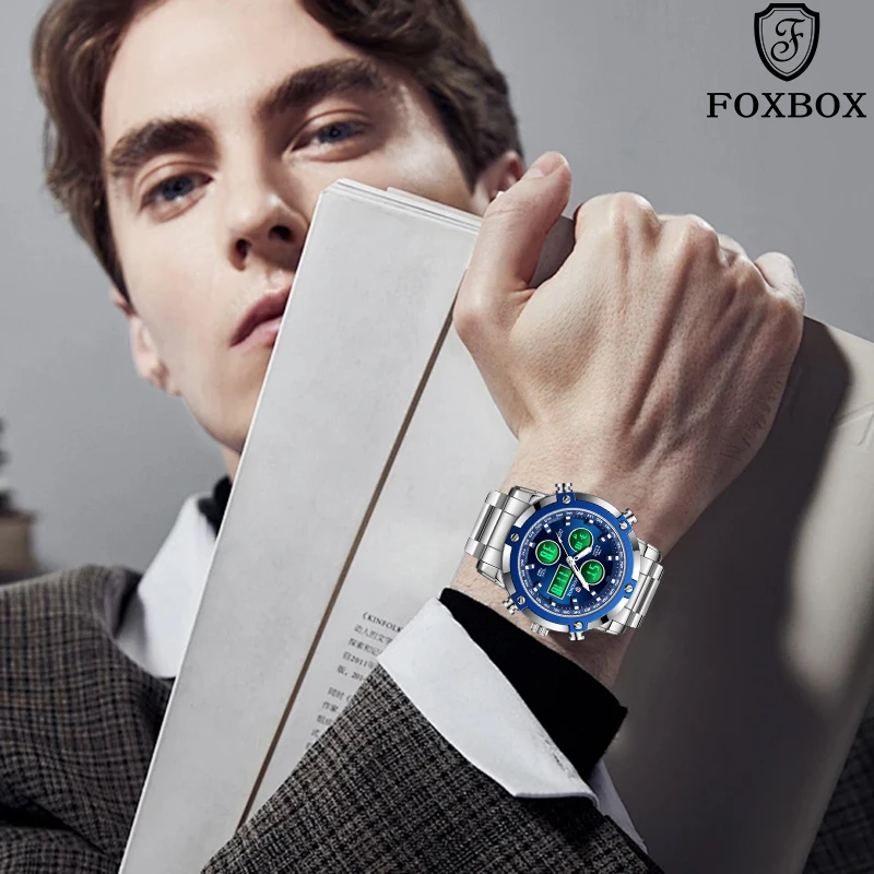 FOXBOX LIGE Electronic Man Watch Stainless Steel Luxury Casual Waterproof Luminous Clocks Chronograph Alarm Dual Digital Watches