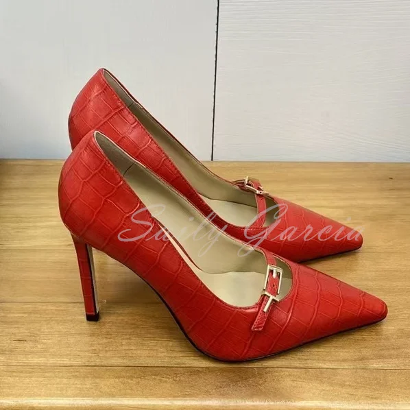 Women's Belt Buckle Pointy Toe High Heel Pumps Red Matte Texture Stiletto Heel Slip On Shallow Classic Party Dress Shoes