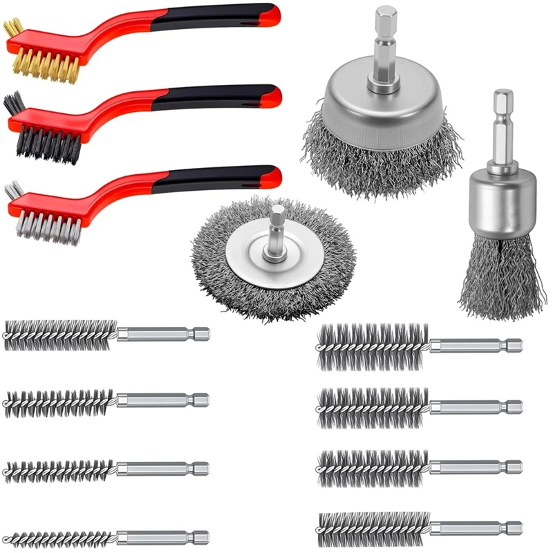 FYBL 14Pcs Wire Brush for Drill, 1/4 Inch Hex Shank, Carbon Steel & Stainless Steel Bristles, Rust & Paint Removal Wheel Set