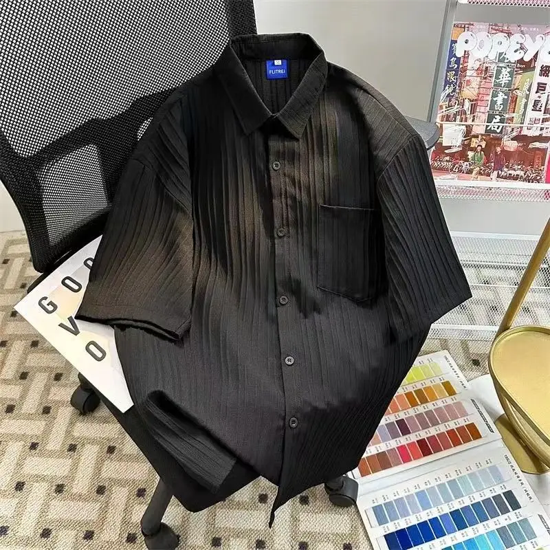 Women's Clothing Korean Style White Stripe Shirt Short Sleeve Modest Loose Fit Summer Blouse Lightweight Office Casual