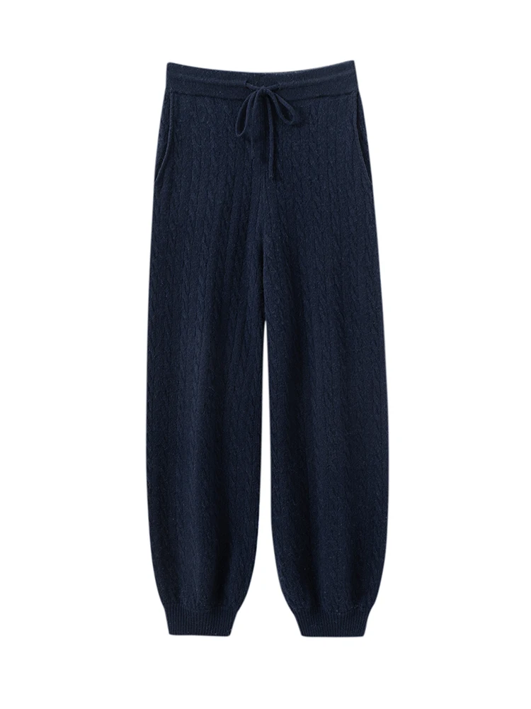 TLOML New Women's 100% Cashmere Knitted Cable Knit Bloomers Pants Autumn Winter Soft Warm Comfy Casual Trousers Cashmere Pants