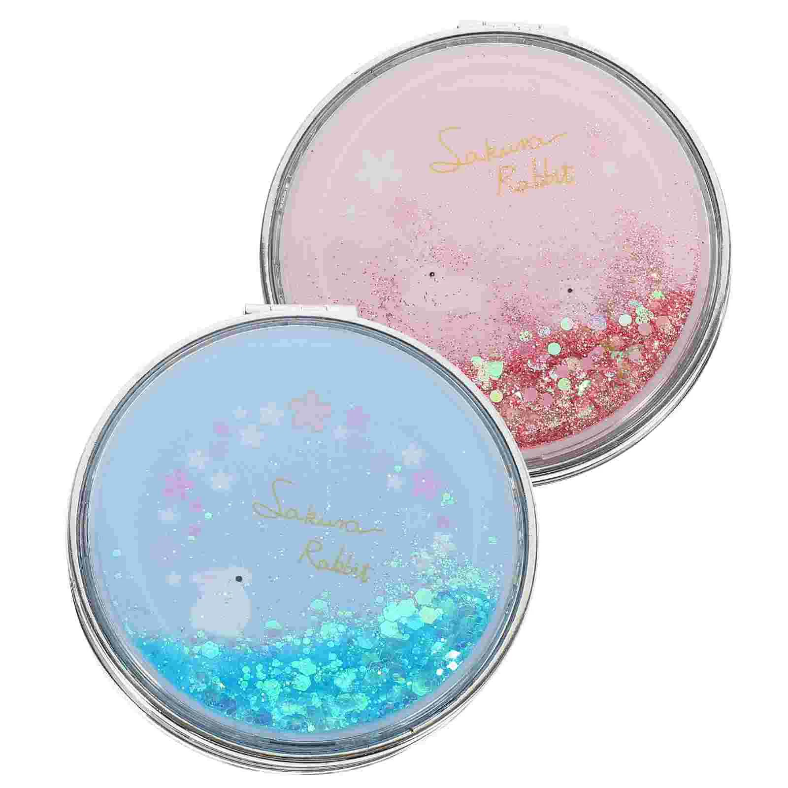 2pcs Portable Folding Mirrors Round Mirrors Animal Design Makeup Mirrors Pocket Mirrors for Girls Women(Blue and Pink)