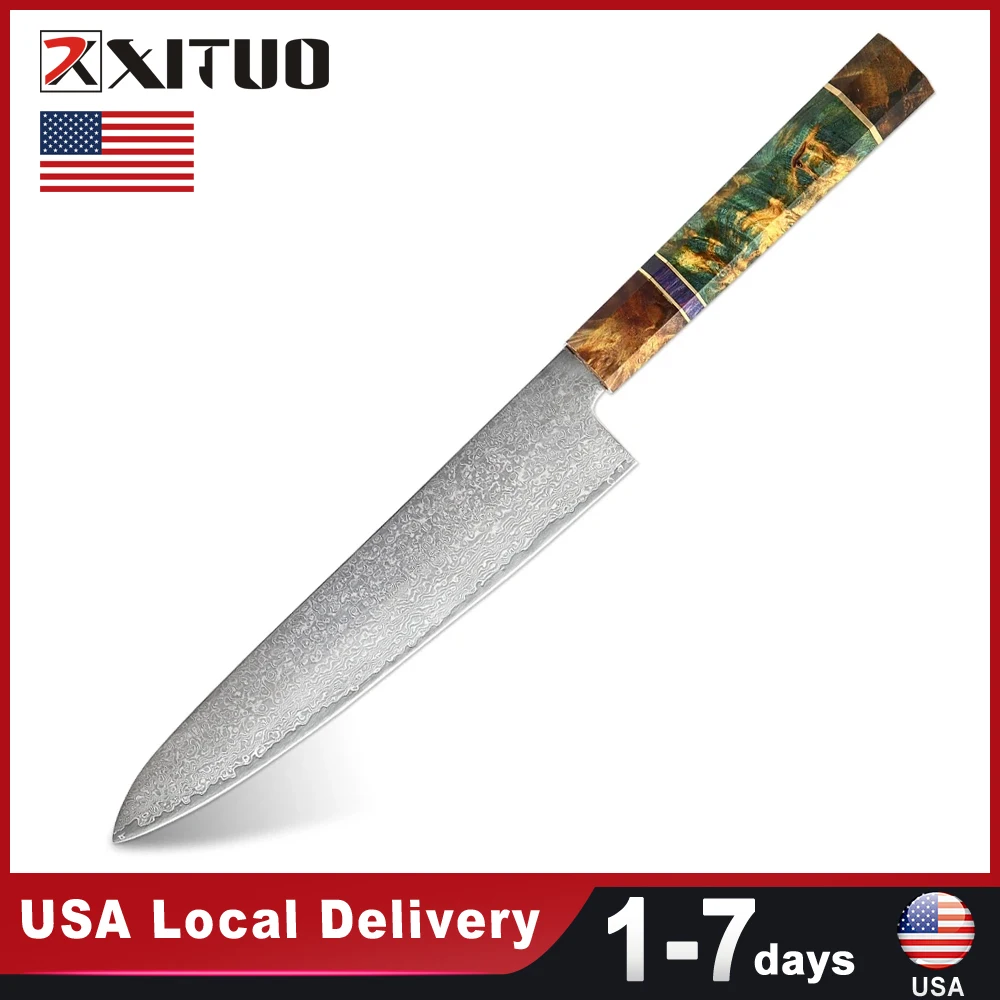 USA Warehouse Fast Shipping 8 Inch Damascus Steel Chef Knife Octagonal Wood Handle Kitchen Stainless Steel Sharp Slicing Knife