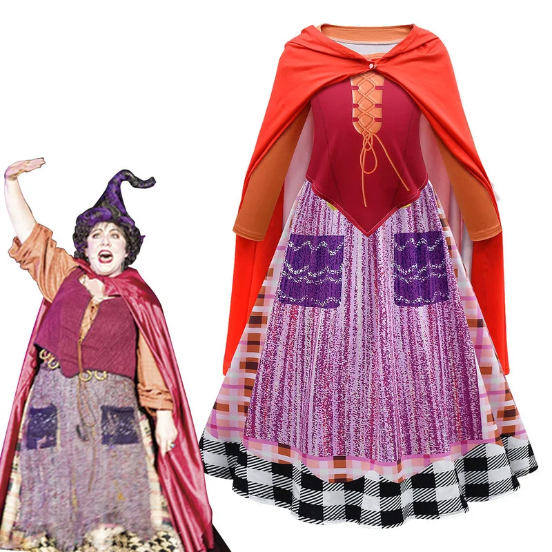 Halloween Hocus Pocus Girl Sarah Mary Dress Up Carnival Party Sanderson Sisters Witch Winifred Costume Cosplay mantello lungo con cappuccio