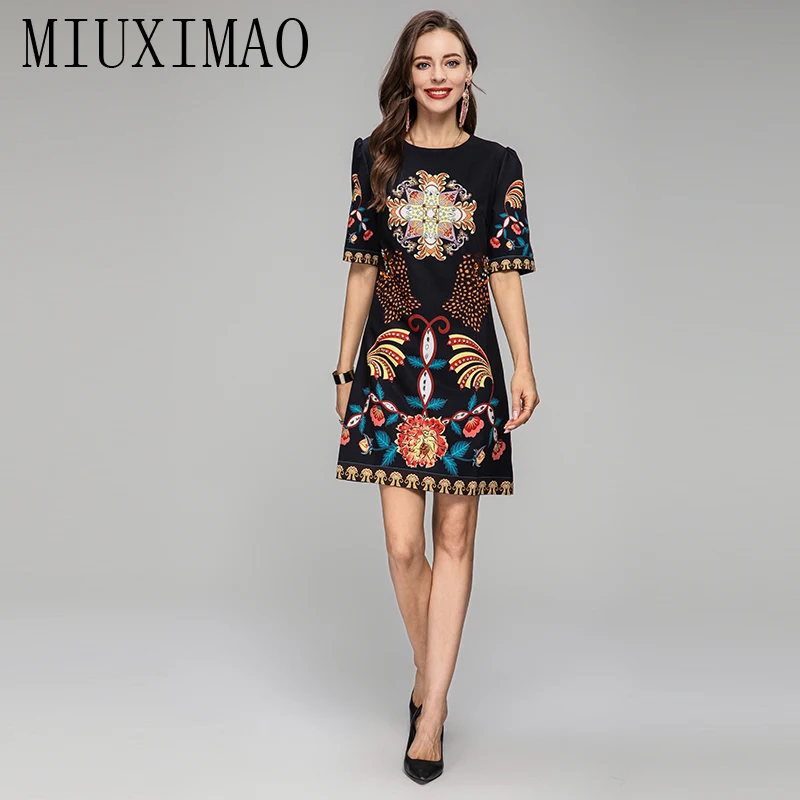 MIUXIMAO 2023 Fall Dress Newest Arrival Fashion Short Sleeve Flower Print  Rose Royal Diamonds  Dress Women Vestidos Party Dress