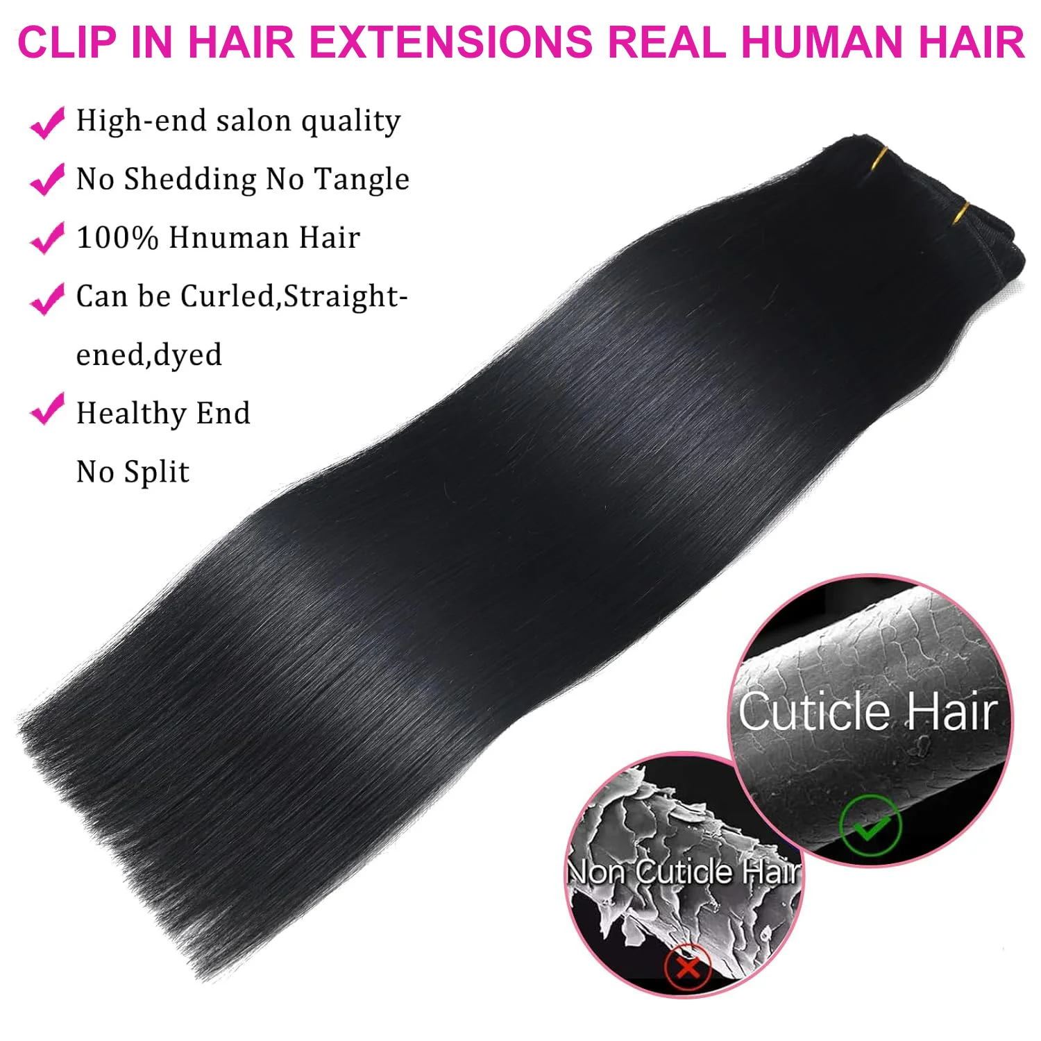 Straight Clip In Hair Extension Human Brazilian Hair Full Head Clip Hair Extension #1B Double Weft for Women 120g/Set 16-26inch