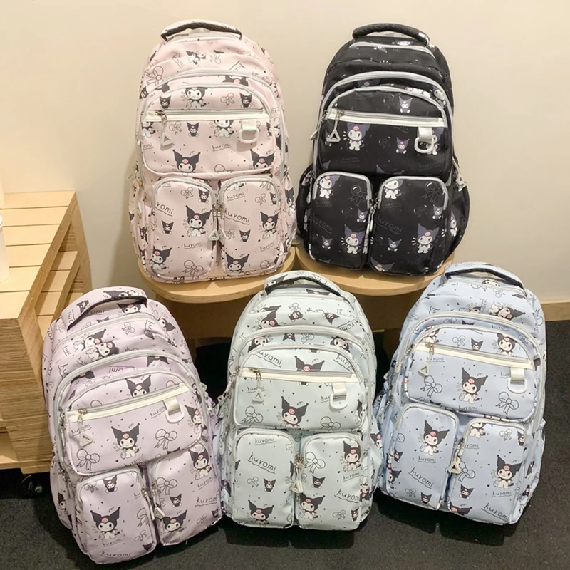 Mochila de anime bonito para meninas, kawaii sanrio kuromi, bolsa de estudante de bolso duplo de grande capacidade, simples