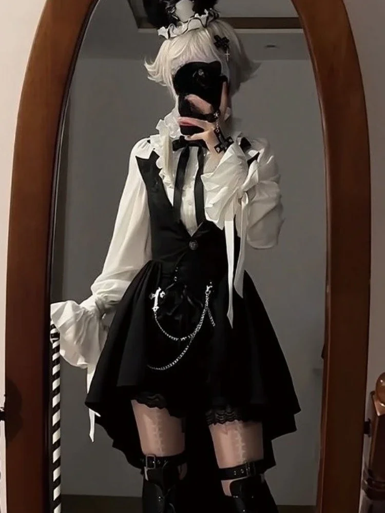 Lolita 3 Piece Sets Y2k Women Flare Sleeve Blouses + High Waist Lace Patchwork Shorts + Irregular Vest Aesthetic Outfits Suit