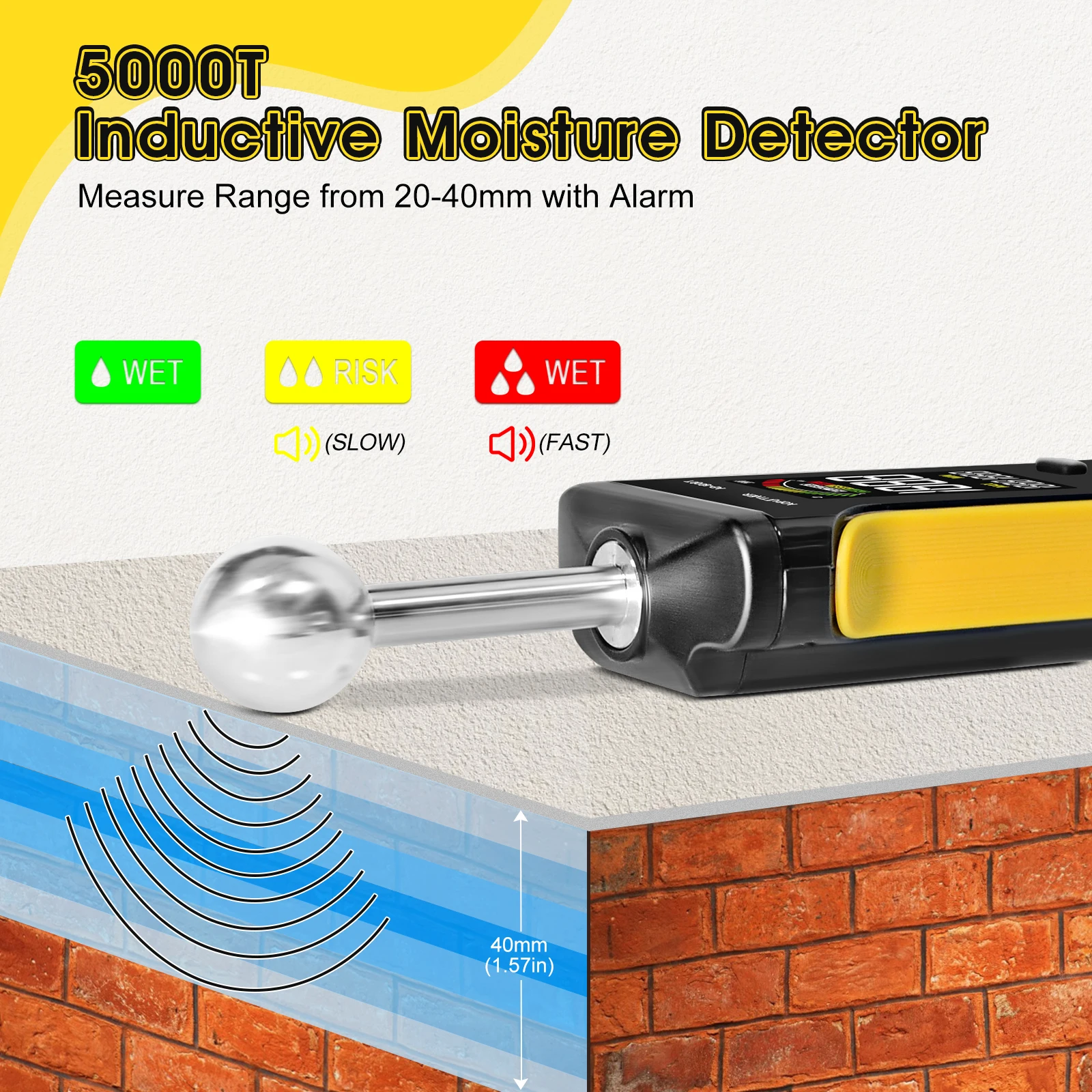 T-Needle Moisture Meter for Walls, Wood, Masonry & Concrete - LCD Color Display & Alarm, Detects Depths of 20-40mm HP-5000T