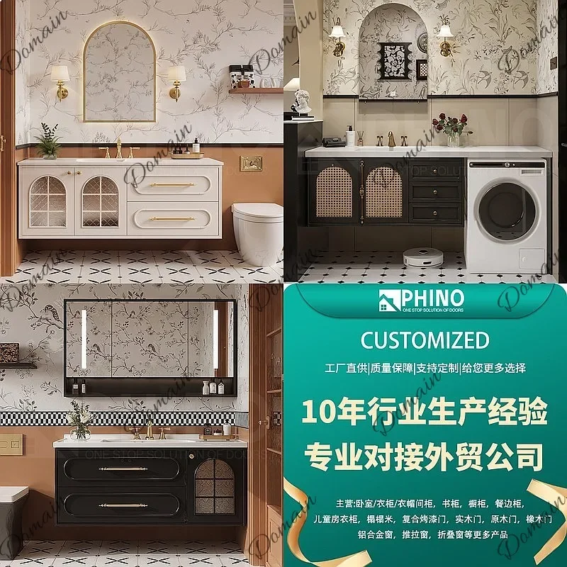 BJ French Retro Wicker Bathroom Vanity Solid Wood Waterproof Ceramic Sink Basin Cabinet