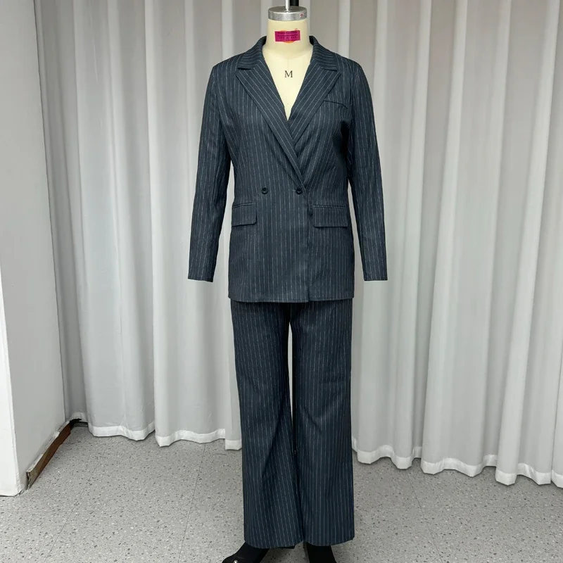 Abiti da donna grigio gessato picco risvolto doppio petto ufficio Casual 2 pezzi moda Chic pantaloni a righe set (Blazer + pantaloni)