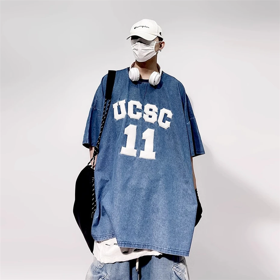 

Embroidery Denim T Shirt Mens Streetwear Hip Hop Punk Short Sleeve T-shirts Oversized Harajuku Vintage Loose Casual Tees Tops