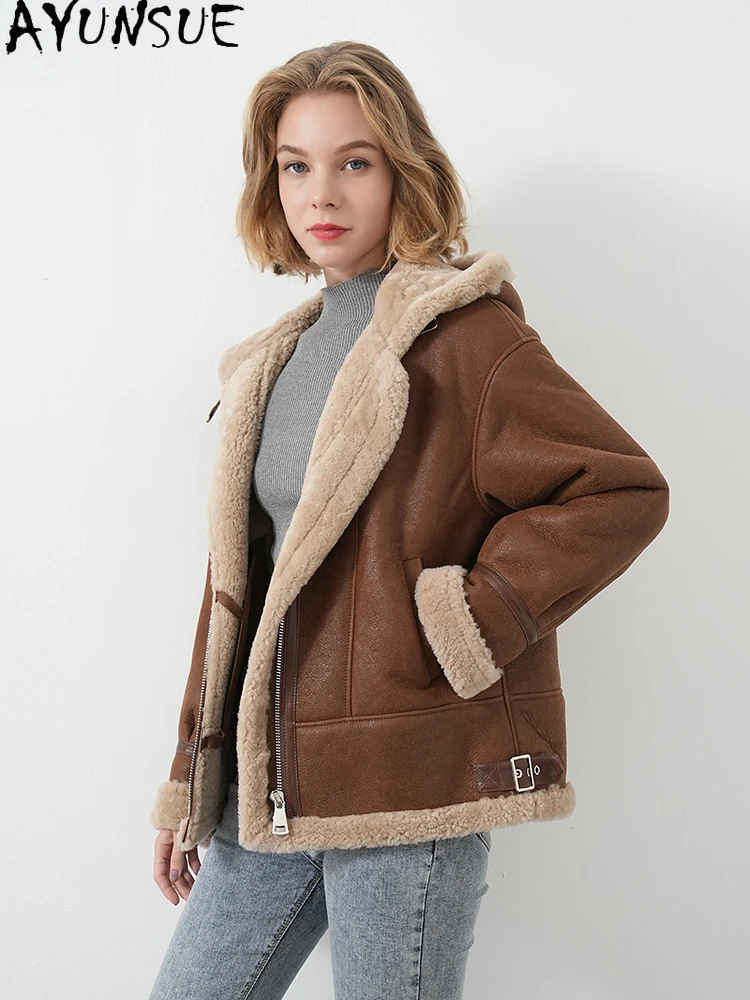 AYUNSUE 2025 Nowa kurtka z polaru damskiego 100% naturalna wełna Kurtki z kapturem dla kobiet Odzież Merino Futrzana kurtka damska Кофта С Мехом