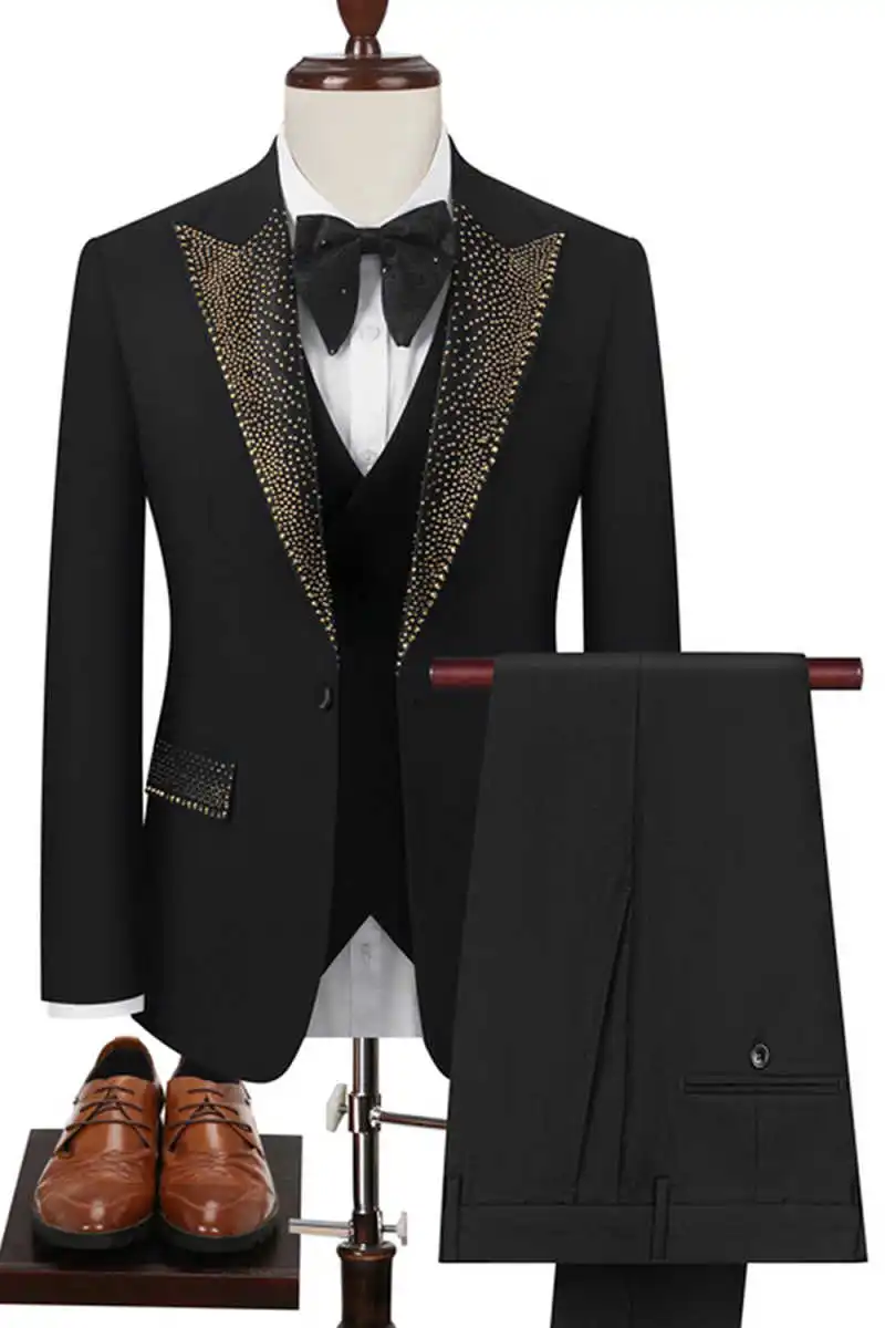 Charming Men's 3 Piece Suit Set Blazer Waistcoat Trousers Beaded Lapel Design Formal Outfit for Wedding Gala Events Customized