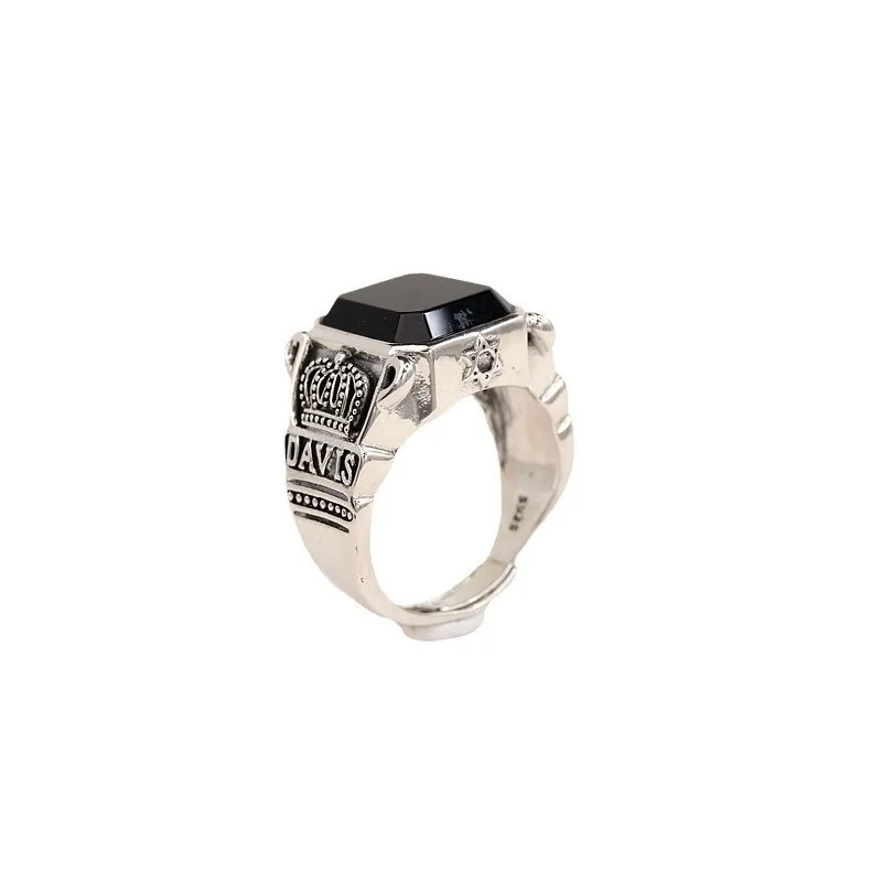 BOCAI New Real S925 Sterling Silver Jewelry Obsidian Facet Artificial Blue Crystal Crown Men's Ring