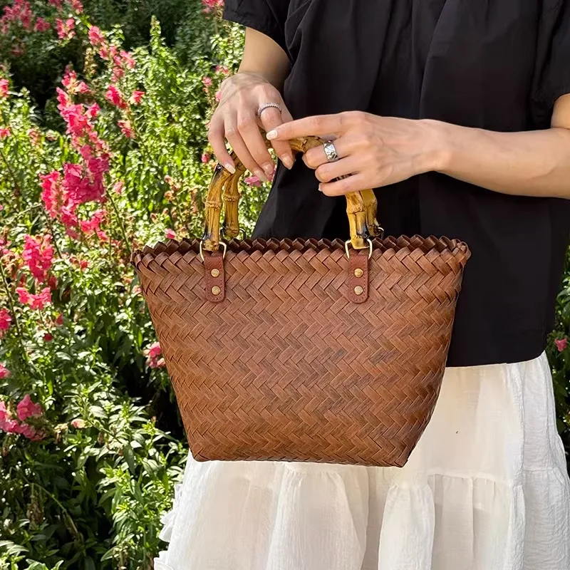 

JIAERDI Vintage Woven Bamboo Handle Tote Bag Women Rattan Large Capacity Handbag Ladies Casual Pastoral Style Simple Bags 2025