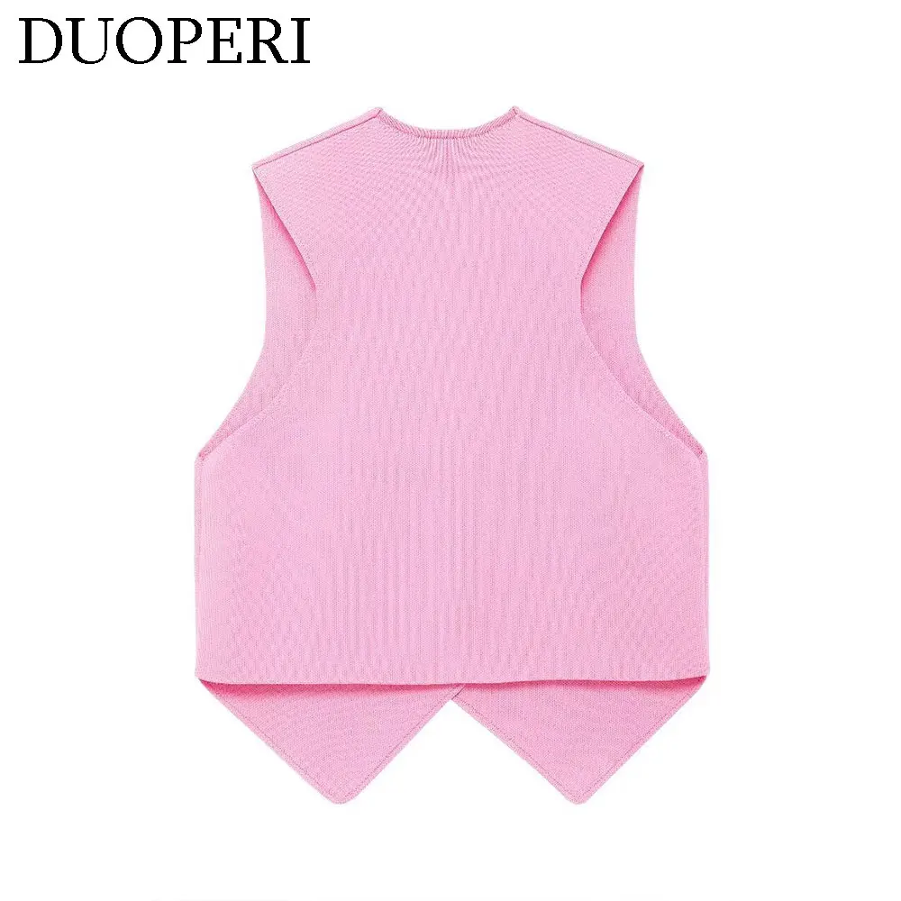 DUOPERI Women Fashion Pink Knitted Vest Tank Tops V-Neck Sleeveless Female Chic Lady Tops Waistcoat