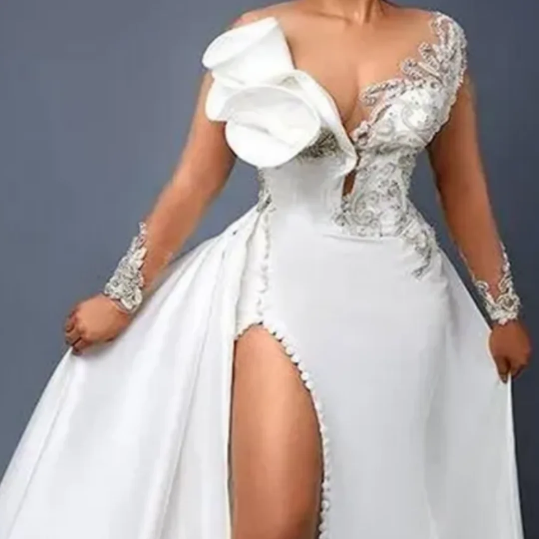 العربية طويلة الأكمام الوهم الرقبة عالية الجانب سبليت انفصال قطار الساتان الخرز خمر حورية البحر الدانتيل كريستال فساتين الزفاف