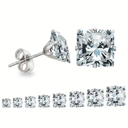 1pair Unisex Simple Fashion Stainless Steel Square Clear Cubic Zirconia Push Back Stud Earrings for Men Women Daily Wear Jewelry