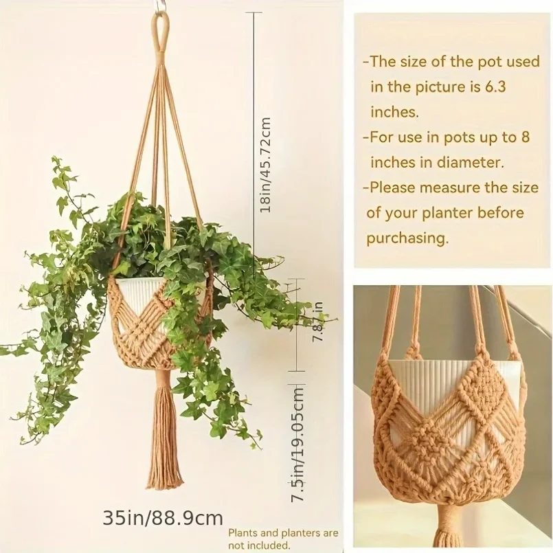 1pcs Boho Macrame Plant Hanger for Indoor Outdoor Hanging Succulents Cotton Rope Woven Hanging Basket with Net Pouch