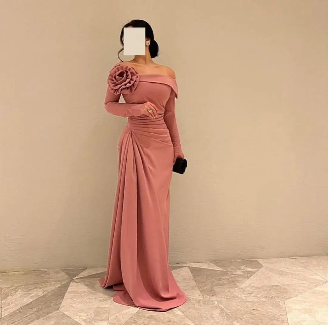 Hot Pink Prom Dress Flowers Long Sleeve Luxury Evening Dress Ruffle Off Shoulder Saudi Arabia Women\'s Formal Party Wedding Dress